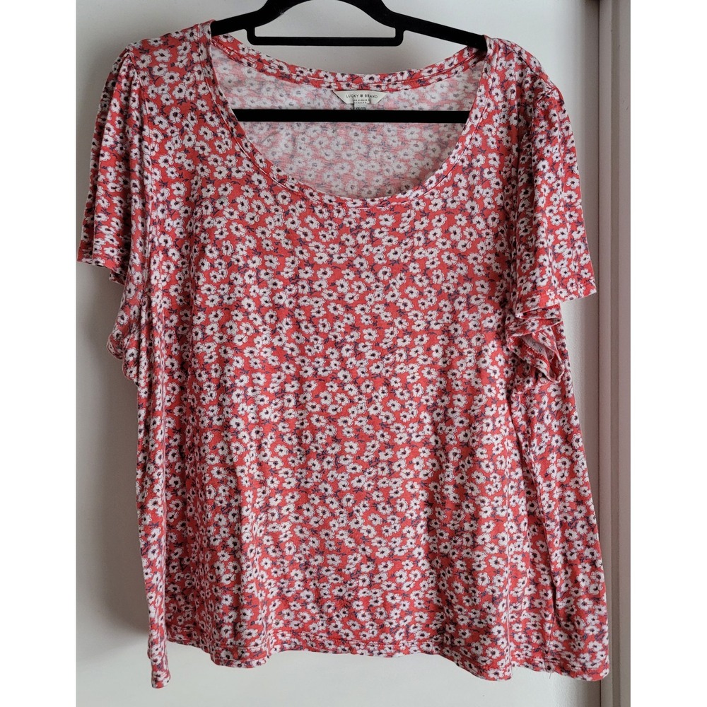 Lucky Brand Floral T-Shirt XXL Red White Short Sleeve Round Neck Tee Top